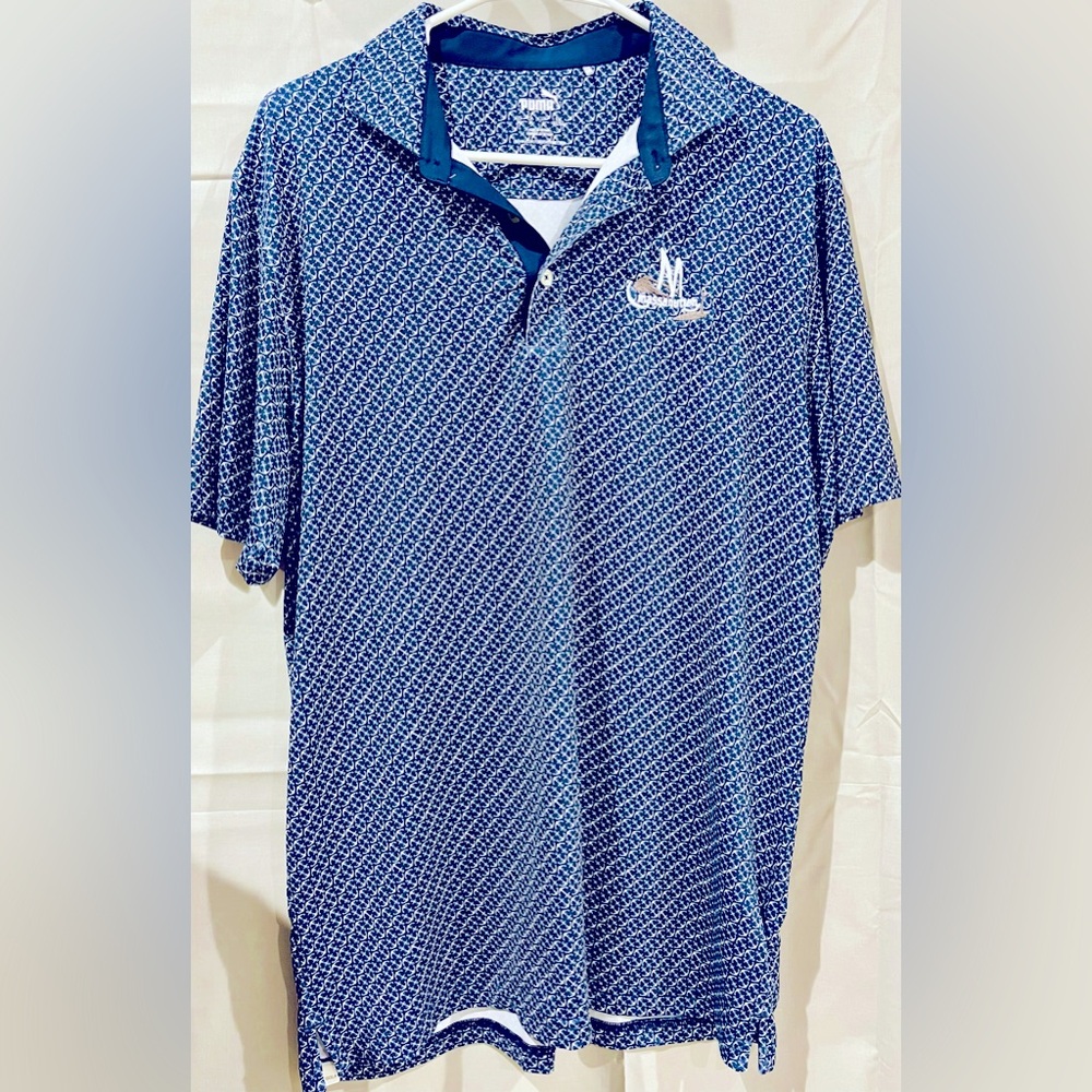 Men’s Puma Navy Blue & Gray Anchor Patterned Short Sleeve Golf Shirt NWOT